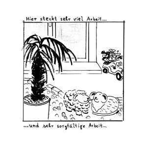 Hand-drawn illustration of a house entrance with a palm tree and decorative figures. Text: "There is a lot of work here... and very careful work."