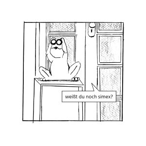 Black and white illustration of a frog with binoculars sitting on a table in front of a door. Text: "Do you remember Simex?"