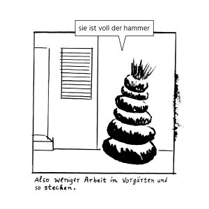 Hand-drawn illustration of a creative front yard decoration with stacked shapes. Text: "She is really awesome."