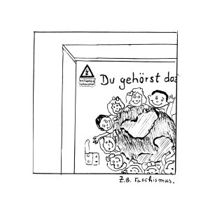 Critical illustration of an advertising poster with the text "You belong" and a crowd. Text: "E.g. fascism."