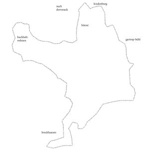 Typografische Karte der Region Hünxe von Tim Holland. Die Illustration bildet die Umrisse der Umgebung mit textbasierten Linien nach, auf denen Ortsnamen wie Hünxe, Krudenburg, Bruckhausen, Bucholtwelmen und Gartrop-Bühl erscheinen.