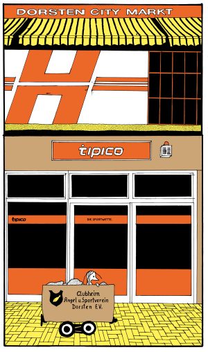 Illustration von Anna Haifisch: Dorstener Straßenszene mit dem Schild "Dorsten City Markt", einer Tipico-Filiale und einem Bollerwagen des Clubheims Angel u. Sportverein Dorsten e.V. in stilisierten Farben.